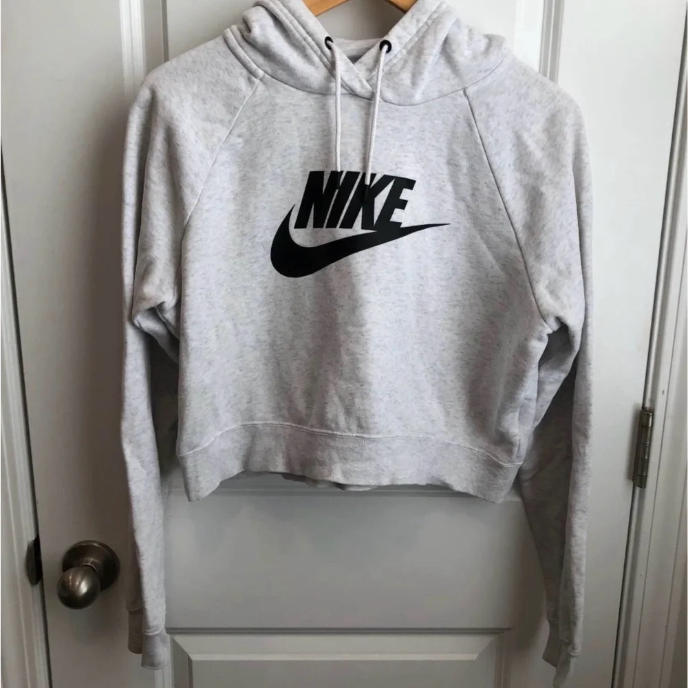 Nike Women's Light Gray Cropped Hoodie with Black Logo Medium